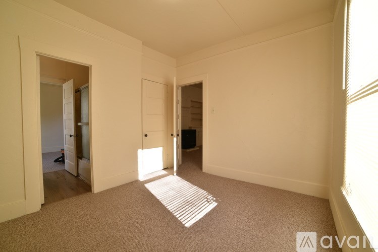 A carpeted room with a striped rug in the middle and two open doors.