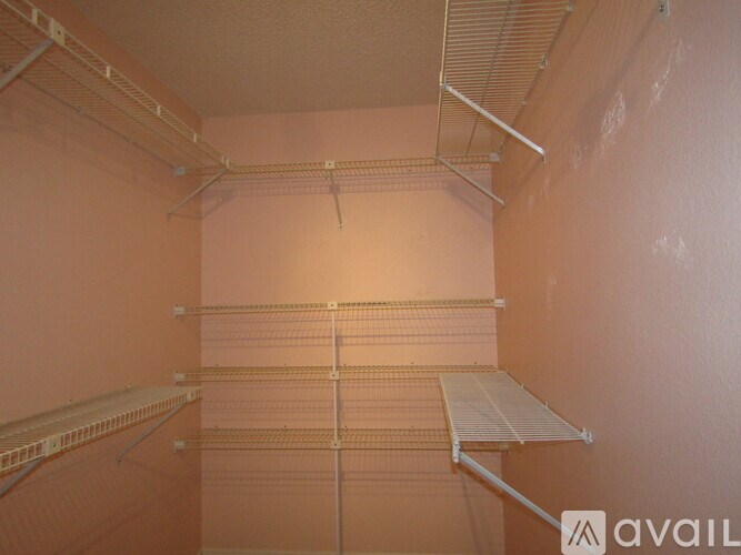 Empty walk-in closet with shelves and racks.