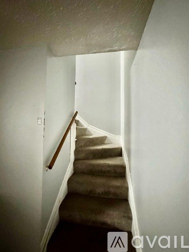 A staircase with a wooden handrail and beige carpeted steps.