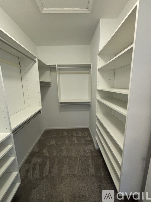 A walk-in closet with white shelving and a carpeted floor.