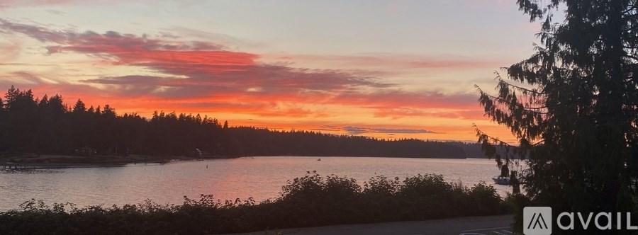 A beautiful sunset over a lake with trees in the foreground.