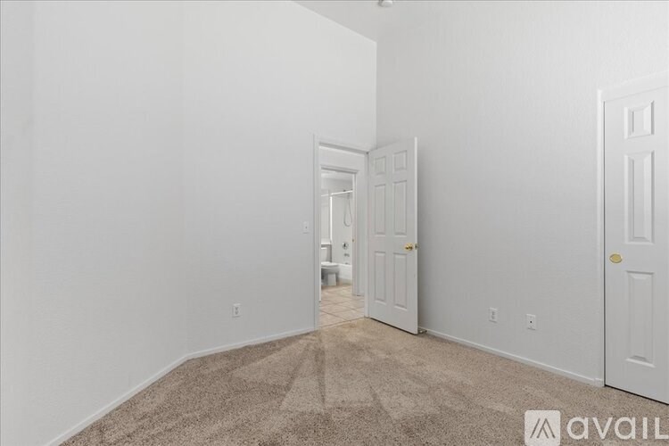 A room with a carpeted floor and two doors, one of which is open.