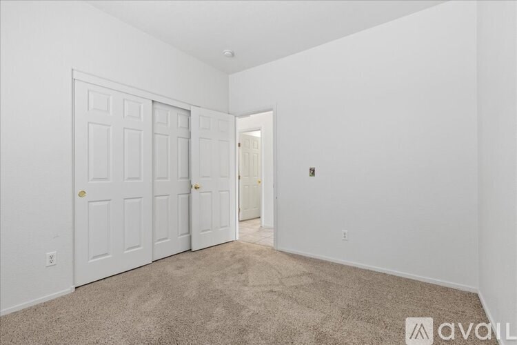 A room with a carpeted floor and two white doors.