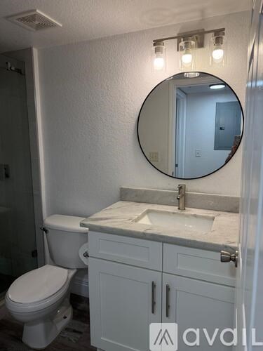 A bathroom with a toilet, sink, and mirror.