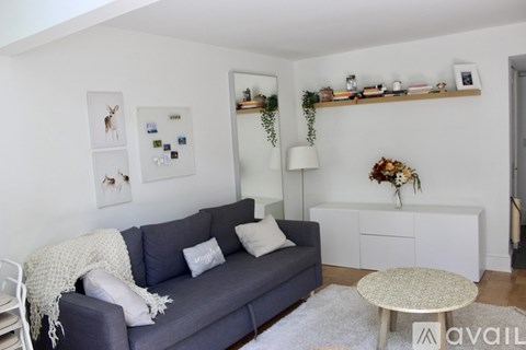 A living room with a grey couch, a white coffee table, and a white shelf with green plants.