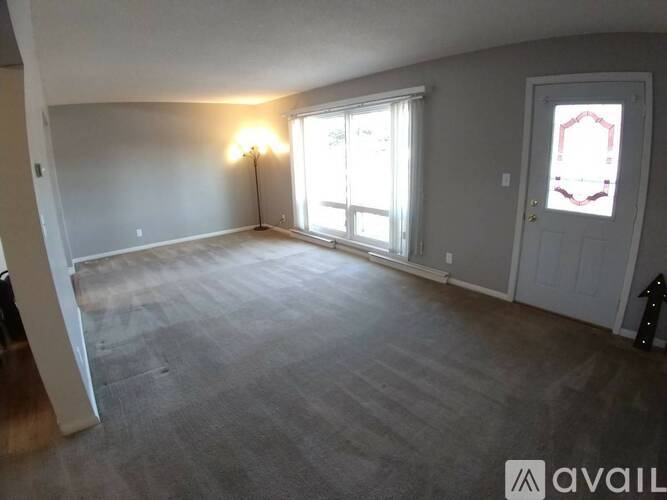 A room with a grey carpet and a white door.