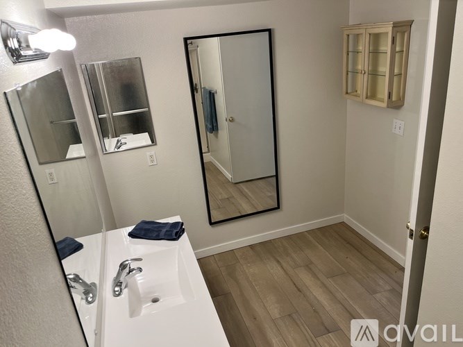 A bathroom with a sink, mirror, and wooden floors.