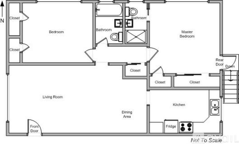 A floor plan of a house with a living room, two bedrooms, a kitchen, a dining area, and a bathroom.