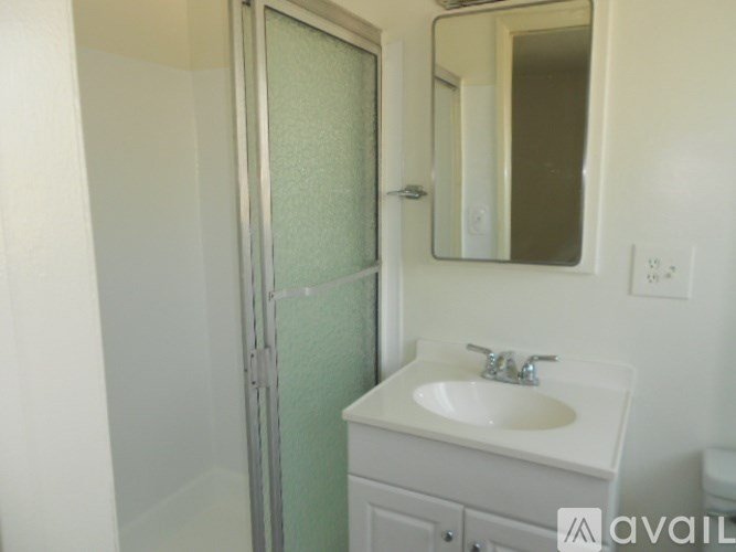 A bathroom with a sink, mirror, and shower.