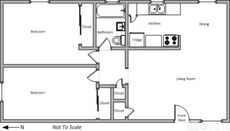 A floor plan of a house with two bedrooms, a living room, a kitchen, a dining area, a front door, and closets.