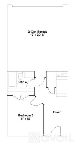 A floor plan of a 2-car garage with dimensions and room allocations.