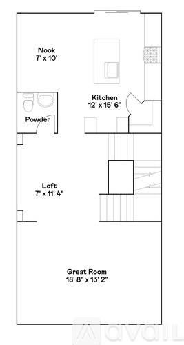 A floor plan of a room with a kitchen, loft, powder room, and great room.