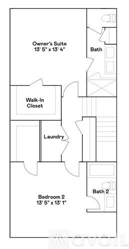 A drawing of a floor plan for a home with a laundry room and two bathrooms.