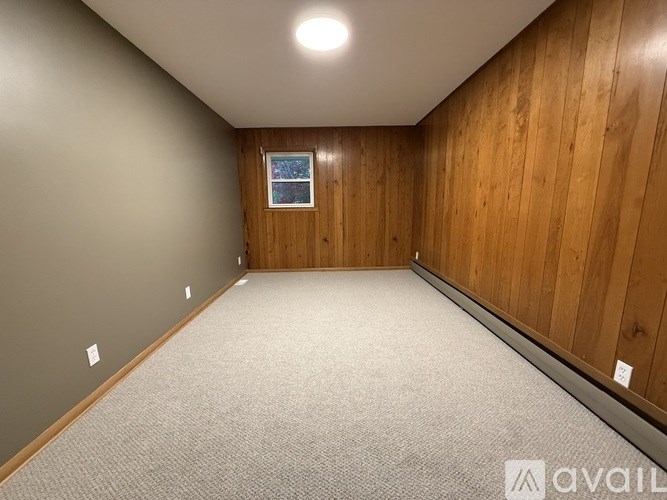 A room with wooden walls and a carpeted floor.
