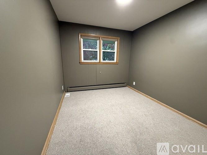 A room with a carpeted floor and a window with a view of trees outside.