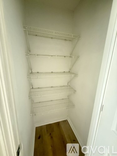 Empty white shelves in a small room.