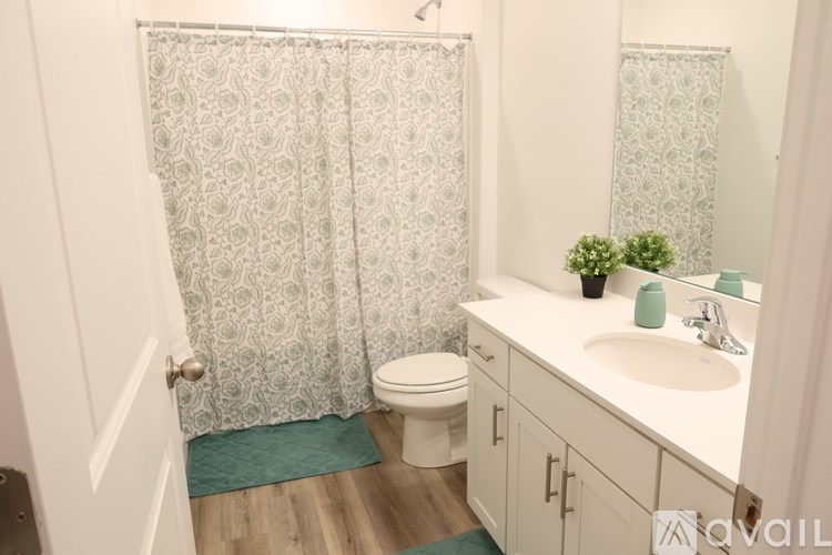 A bathroom with a toilet, sink, and shower curtain.