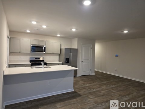 A kitchen with a countertop and cabinets is available for rent.