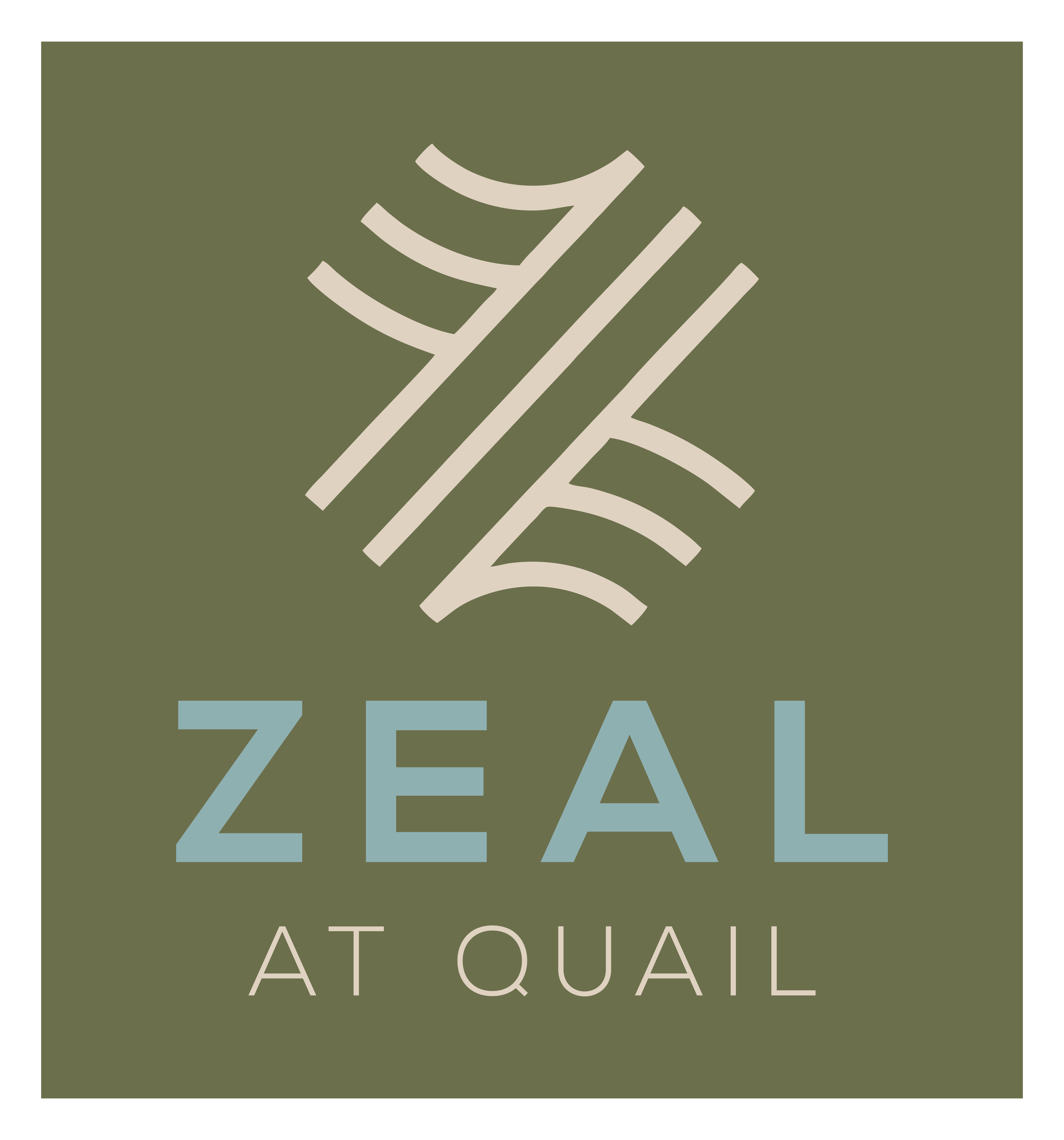 A logo with the text "ZEAL AT QUAIL" in front of a green background.
