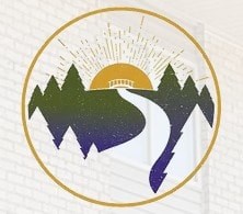 A logo with a mountain and sun design.