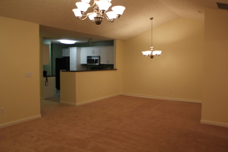 A room with a brown carpet and a chandelier.