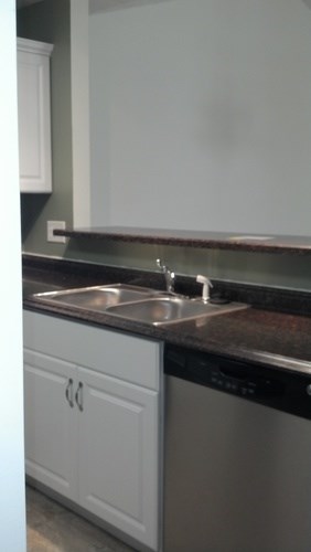 A kitchen with a sink and a dishwasher.