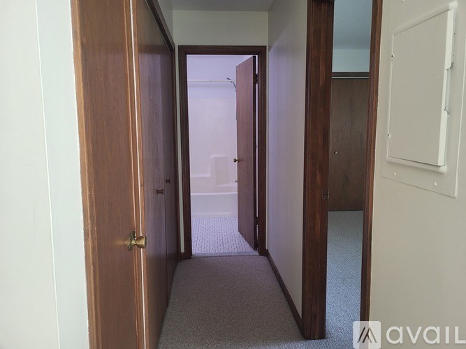 A hallway with a carpeted floor and a wooden door on the left.