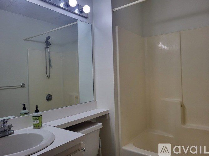 A bathroom with a sink, mirror, and shower.