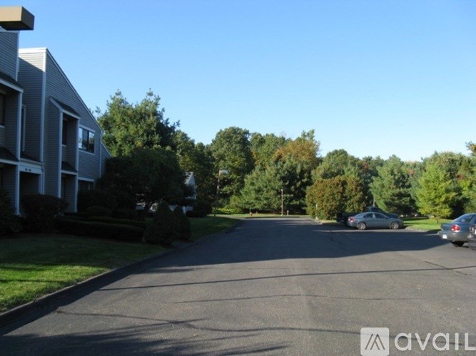 A street view of a residential area with cars parked on the side.