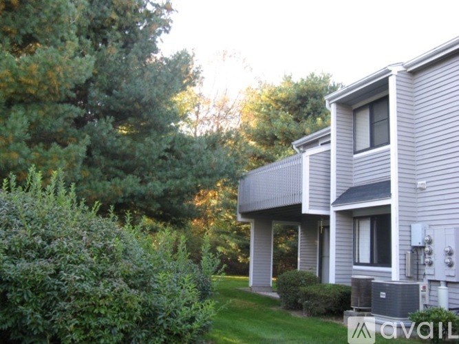 A house with a grey siding and a white roof is surrounded by greenery.