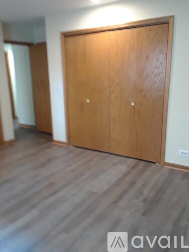 A room with a wooden floor and a wooden wardrobe.