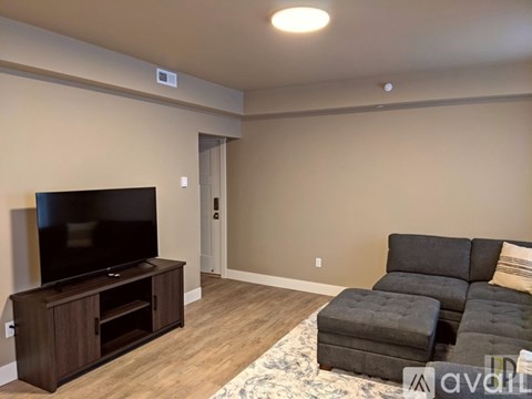 A living room with a grey couch and a television.