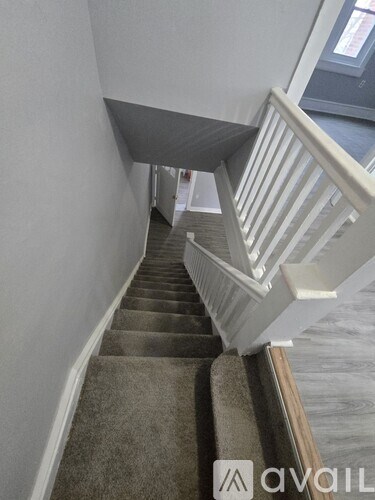 A staircase with a carpeted runner and white risers.