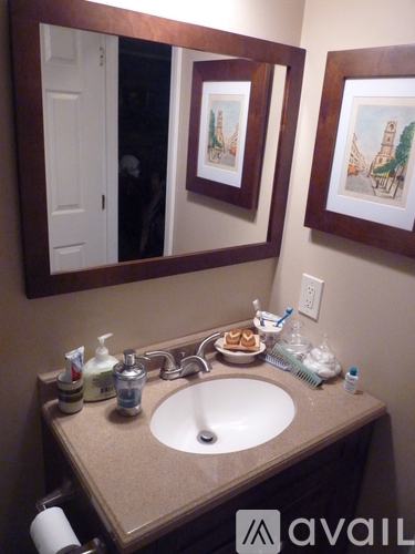 A bathroom sink with a mirror above it.