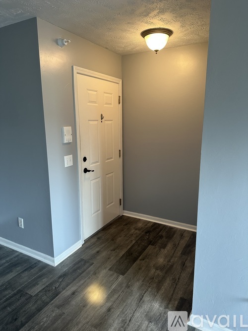 A room with a white door and a light on the ceiling.