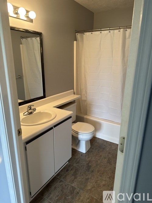 A bathroom with a toilet, sink, and shower.