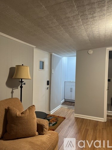 A living room with a brown couch and a lamp.