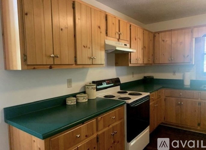 A kitchen with wooden cabinets and a green countertop.