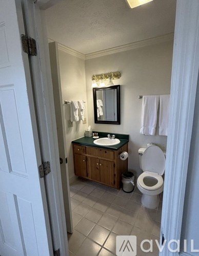 A bathroom with a toilet, sink, and mirror.