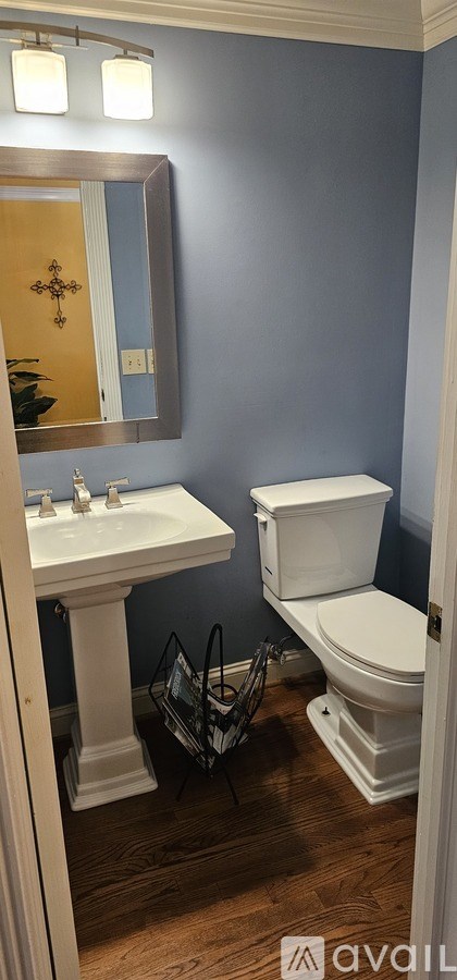 A bathroom with blue walls and a white sink and toilet.