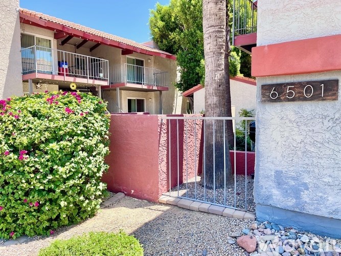 A red and white building with the number 6501 on it.