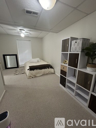 A room with a bed, a mirror, and a shelf with a plant on it.