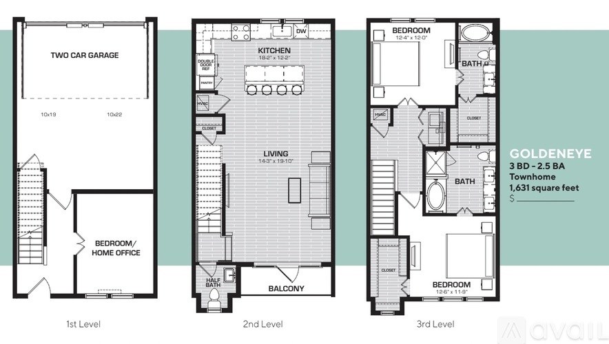 A floor plan for a three-story townhome with living room, kitchen, and bedrooms.
