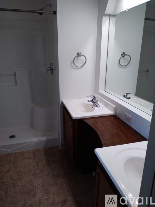 A bathroom with a sink, mirror, and shower.