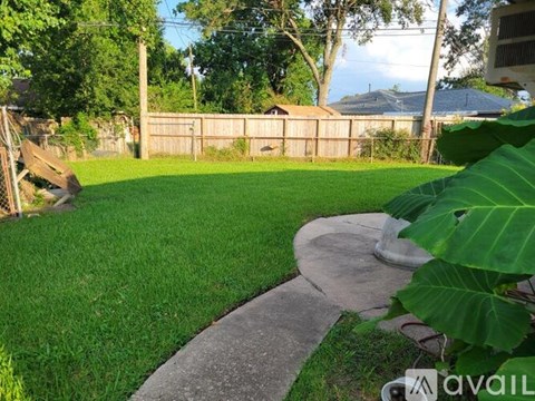 A backyard with a green lawn and a concrete walkway.