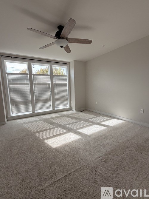 A room with a ceiling fan and carpeted floor.