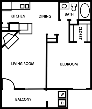Terrace A2 Floor Plan at Bookstone and Terrace Apartments in Irving, Texas