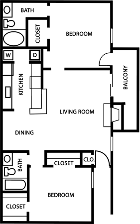 Terrace B2 Floor Plan at Bookstone and Terrace Apartments in Irving, Texas