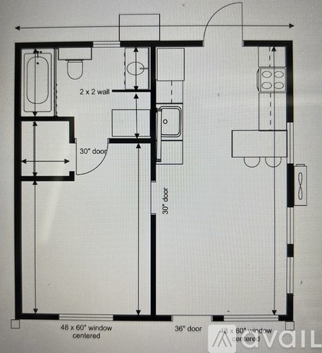A floor plan of a house with a 48 x 60 window centered and a 30" door.