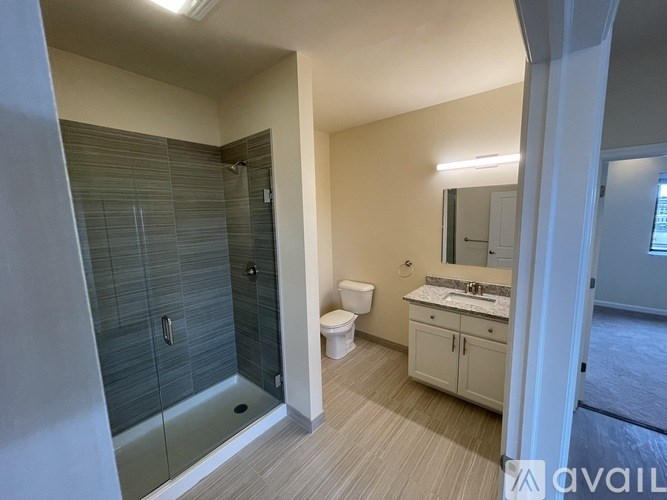 A bathroom with a walk-in shower, toilet, and sink.